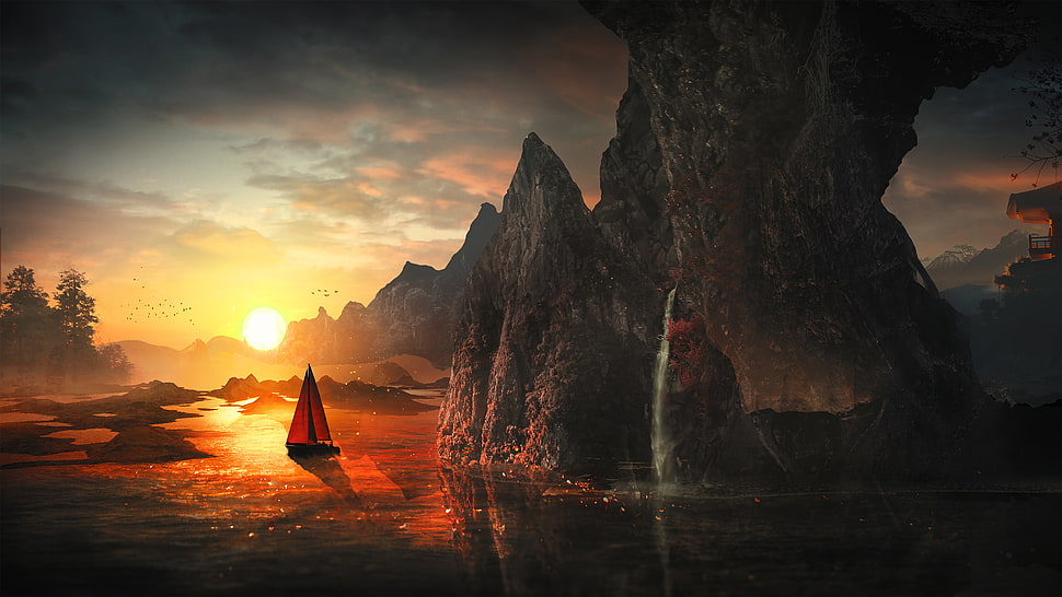 sailing boat near spike cliff on body of water, digital art, boat, mountains, rock HD wallpaper