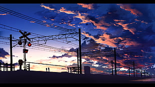 street posts, anime, train station, power lines, clouds HD wallpaper