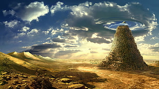 green mountain, babylone, tower, Tower of Babel, fantasy art HD wallpaper