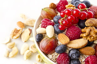 bowl of fruits and cereals HD wallpaper