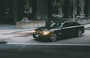 black BMW sedan, Auto, Black, Side view