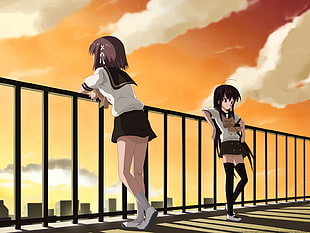 two female character wearing school uniform HD wallpaper