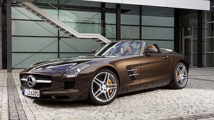 brown Mercedes-Benz convertible coupe, Mercedes-Benz, supercars, Mercedes SLS, car HD wallpaper