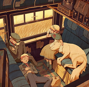 dog sleeping on the lap of the owner illustration, cartoon, train HD wallpaper