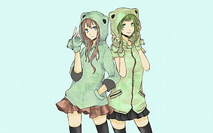 two female anime character wearing green hoodie illustration HD wallpaper