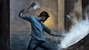 male wearing gray shirt pounding water illustration, artwork, Imagine Dragons, men HD wallpaper