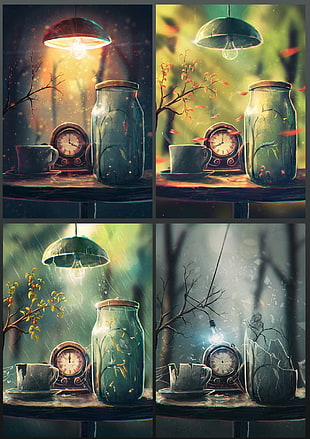 four glass jars with pendant lamp painting collage, Sylar, artwork HD wallpaper