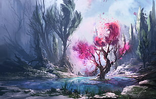 red leaf tree and river painting, digital art, fantasy art, trees, painting HD wallpaper