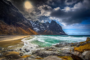 mountain and seashore painting, beach, mountains, sea, island