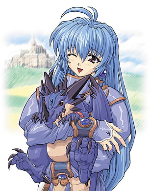blue haired girl anime character holding blue dinosaur HD wallpaper