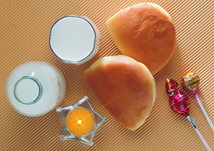 baked bread beside milk glasses HD wallpaper