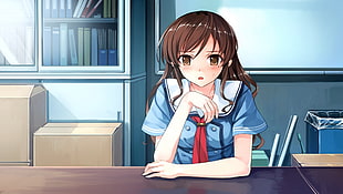 brown-haired female anime character wearing blue school uniform HD wallpaper