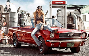 classic red Ford Mustang convertible coupe, car, Ford Mustang, women, old car HD wallpaper