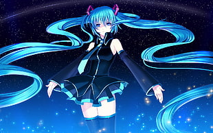 Hatsune Miku illustration, stars, long hair, necktie, sleeveless top