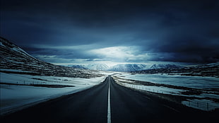 panoramic photography of straight road between snow covered field, Iceland, nature HD wallpaper