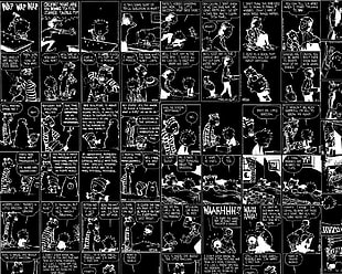black and white printed textile, comic books, Calvin and Hobbes, inverted colors HD wallpaper