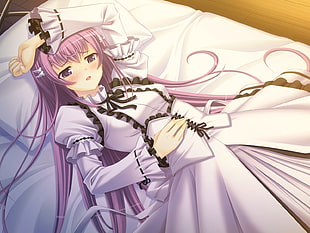 purple haired wearing white european dress anime character lays on bed HD wallpaper