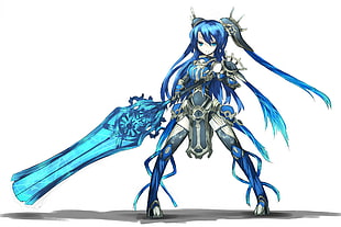 blue haired female warrior illustration HD wallpaper