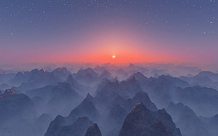 mountains under blue sky, mist, landscape, nature, sunset