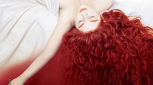 red haired woman lying on white textile HD wallpaper