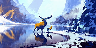 moose on calm body of water covered with snow digital wallpaper