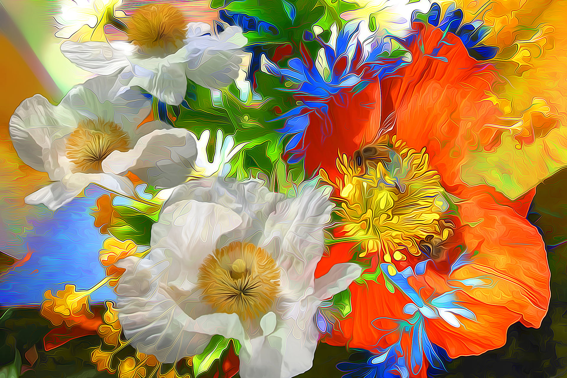 white orange and blue flowers
