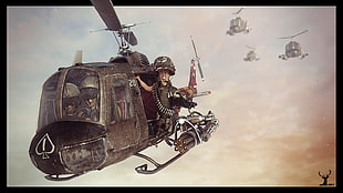 man in helicopter paintings, cartoon, Vietnam War HD wallpaper