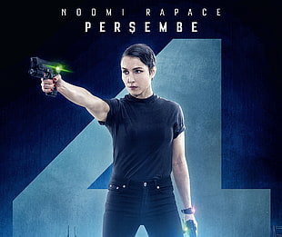 woman wearing black crew-neck t-shirt holding pistol digital wallpaper HD wallpaper