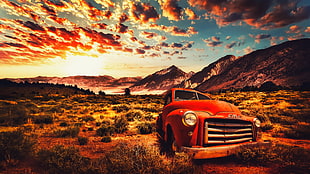 red vehicle, road, USA, California, desert HD wallpaper