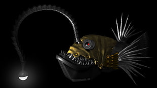 yellow and gray angler fish, digital art, underwater, fish, fangs