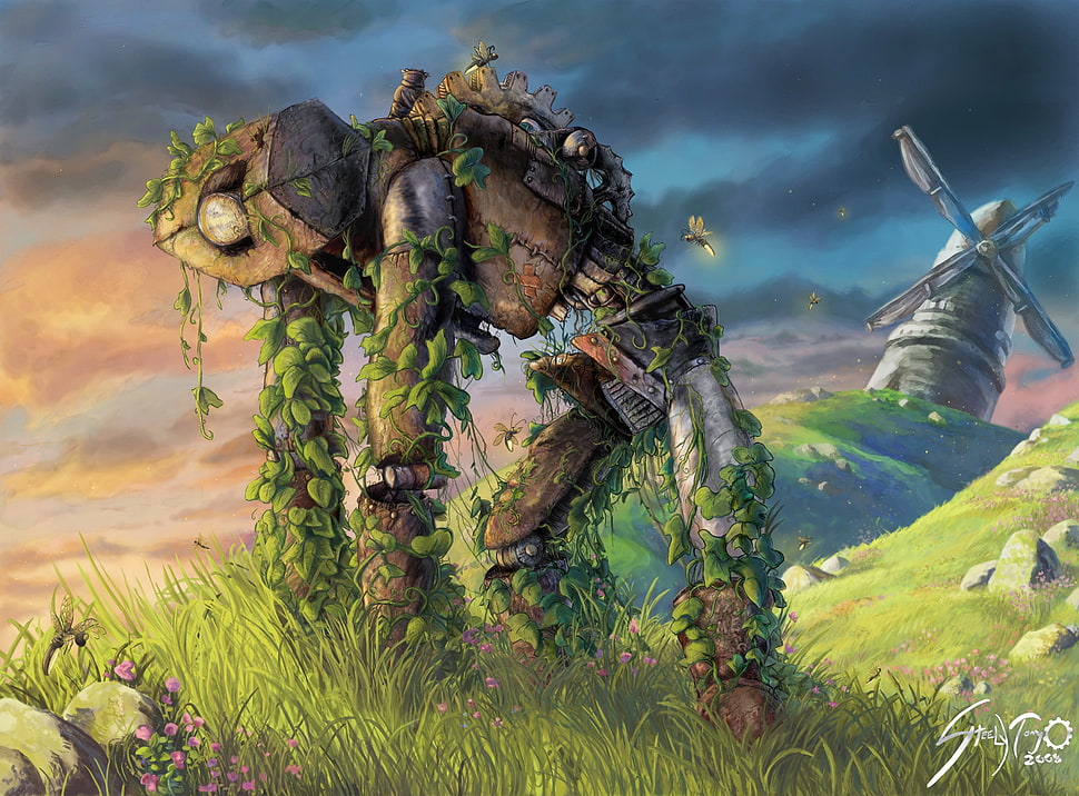 brown and gray robot on grass painting, robot, fantasy art, windmill HD wallpaper