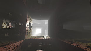black and white wooden cabinet, CGI, lights, shadow, Menger sponge HD wallpaper