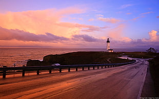 gray road guard, lighthouse, road, sea HD wallpaper