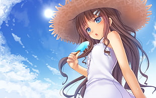brown-haired animated girl wearing straw hat HD wallpaper