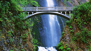 gray bridge with water fall during daytime HD wallpaper