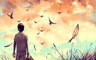 boy looking at the birds in the sky illustration, AquaSixio, birds, children, feathers HD wallpaper