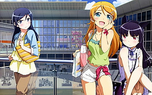 three female anime characters wearing shorts HD wallpaper