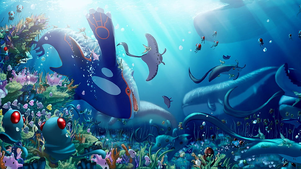 whales and fishes underwater illustration, Pokémon, video games HD wallpaper