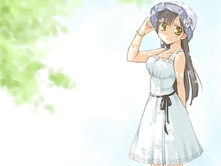 female anime character with white tank dress and blue bucket hat digital wallpaper HD wallpaper