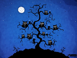 silhouette of bare tree and owls illustration, minimalism, pixel art, Vladstudio HD wallpaper
