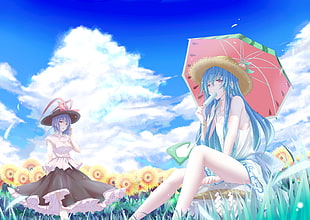 blue haired female anime character, Touhou, Hinanawi Tenshi , sunflowers, umbrella HD wallpaper