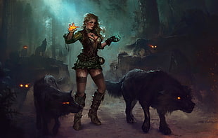 female beast master digital wallpaper, fantasy art, magic, wolf HD wallpaper