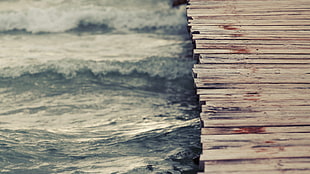 brown plank, sea, waves HD wallpaper