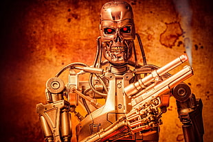 skeleton holding gun illustration, toys, Terminator, endoskeleton HD wallpaper
