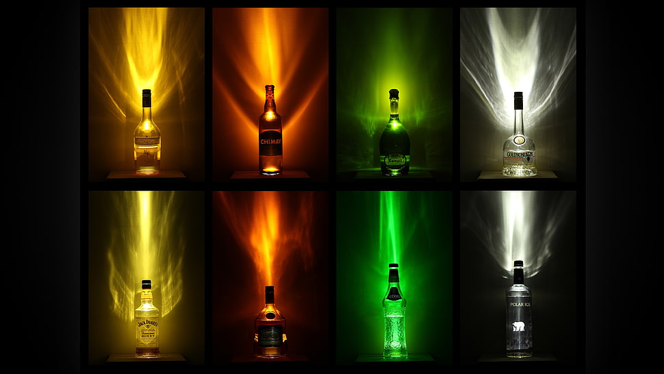 four assorted-LED light colors, bottles, whiskey, Scotch, bar HD wallpaper