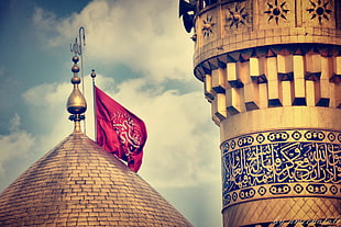 brown concrete temple with red and white flag, Abolfazl, Imam Hussain, Imam, Islam HD wallpaper