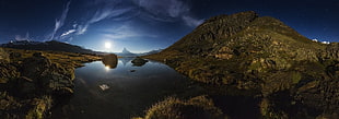 lake surrounded by mountains, nature, landscape, panoramas, Moon HD wallpaper