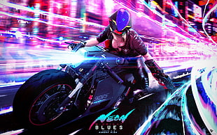 black sports bike with text overlay, cyberpunk, digital art, Nelson Tai HD wallpaper