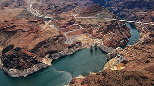 aerial view of white concrete fence, nature, landscape, road, Hoover Dam HD wallpaper