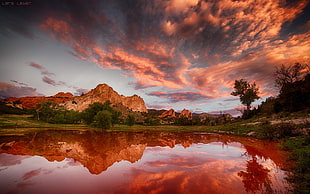 body of water near grass field wallpaper, nature, lake, clouds, hills